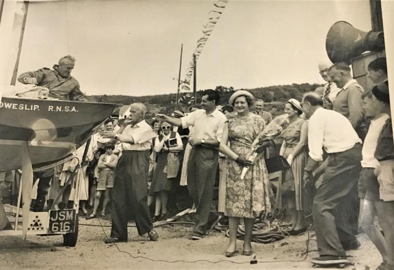 Uffa Fox brings the Duke of Edinburgh's boat 'Coweslip' to Kippford in 1958 photo copyright Solway YC archive collection taken at Solway Yacht Club and featuring the Flying Fifteen class