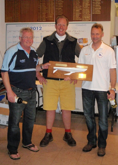 Justin Waples of Waples Wines presents the Waples Wines Northern Travellers Prize to winners Andy Goddard and Mal Hartland during the Flying Fifteen Open at Dovestone prize giving photo copyright Sally McKee taken at Dovestone Sailing Club and featuring the Flying Fifteen class