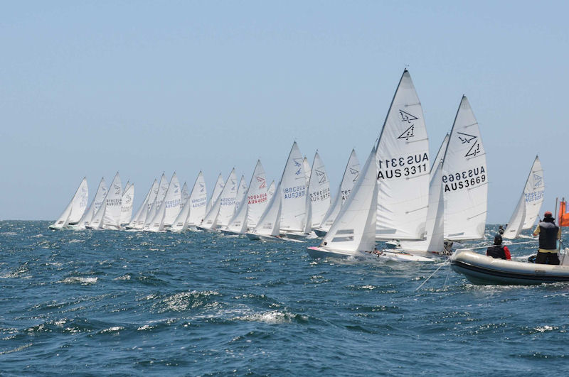 The fleet start a race during the Australian Flying Fifteen Championships photo copyright Joel Strickland, Ted's Camera Stores Australia taken at Davey's Bay Yacht Club and featuring the Flying Fifteen class