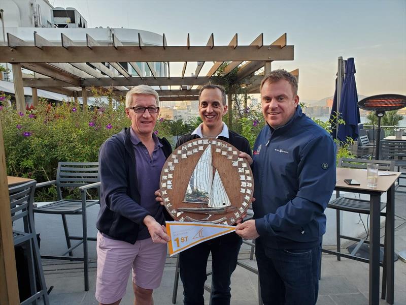 Class Sec Carlyon Knight-Evans presents the winning Trophy to Peter Britten (right) and Oliver Merz (center) - Flying Fifteen Hong Kong Championship 2019/2020 photo copyright Alison Kinght-Evans taken at Royal Hong Kong Yacht Club and featuring the Flying Fifteen class