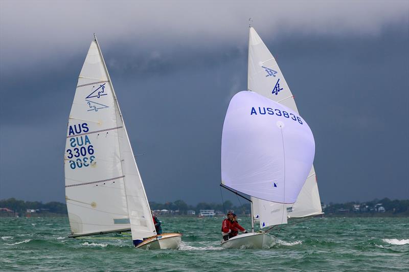 Effefex and Flying Fish compete downwind - Flying Fifteen Australian Championship 2020 photo copyright Royal Queensland Yacht Squadron taken at Royal Queensland Yacht Squadron and featuring the Flying Fifteen class
