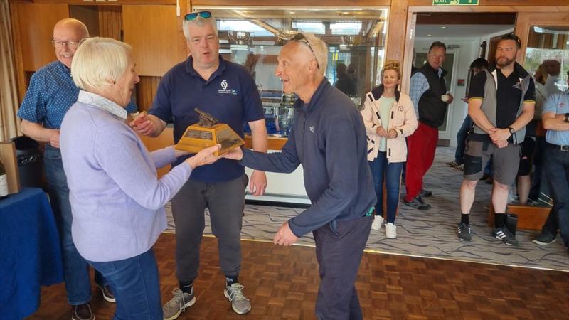 Penny Aubrey hands over the trophy to Tim Harper & Steve Goacher during the Flying 15 Northern Championship prize giving at Royal Windermere Yacht Club - photo © RWYC