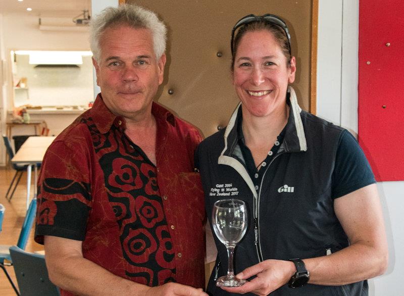 MNSC Helen Selden receiving the 'First Lady Home' trophy from Commodore Peter McCallum - Flying Fifteen Southern Travellers at Middle Nene photo copyright David Livingstone taken at Middle Nene Sailing Club and featuring the Flying Fifteen class