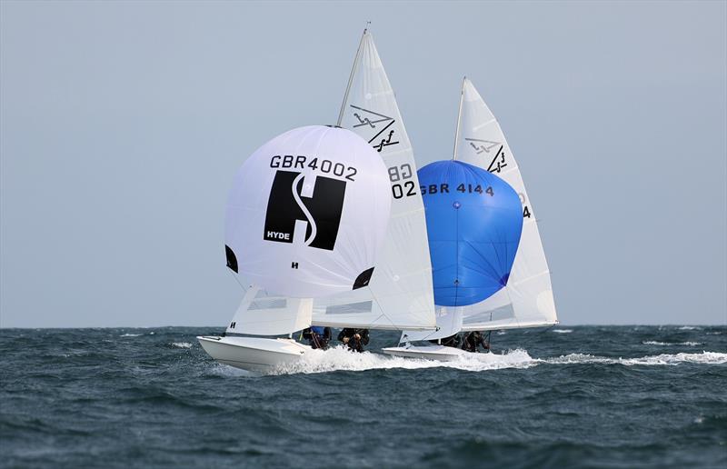 GBR 4002 and GBR 4144 battle for the lead in Race 2 on day 1 of the 2025 Flying Fifteen Worlds at the WPNSA - photo © Mark Jardine