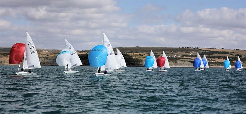 Race 9 - the chasing pack on the first downwind leg on day 5 of the 2025 Flying Fifteen Worlds at the WPNSA photo copyright Mark Jardine taken at Weymouth & Portland National Sailing Academy and featuring the Flying Fifteen class