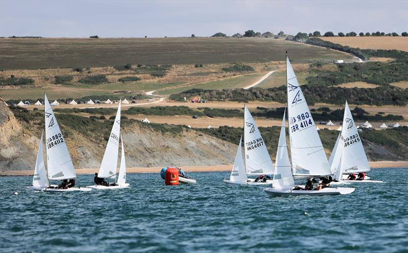 Race 9 leaders approach the first windward mark on day 5 of the 2025 Flying Fifteen Worlds at the WPNSA photo copyright Mark Jardine taken at Weymouth & Portland National Sailing Academy and featuring the Flying Fifteen class