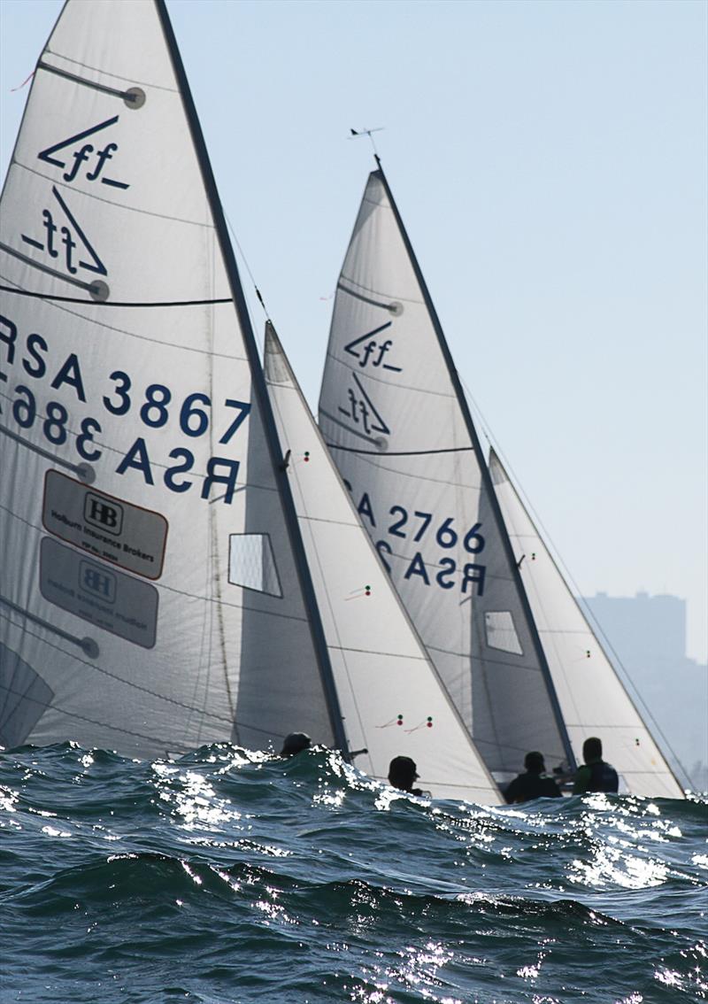 The chase is on. Myles White and Estelle Buys reel in Rob and Iain Bowman during a previous Flying 15 Nationals offshore of Durban. White and Buys will be hoping to better their second last year at the upcoming Flying 15 Nationals hosted by Aeolians photo copyright Sophie Thompson taken at Aeolians Club and featuring the Flying Fifteen class