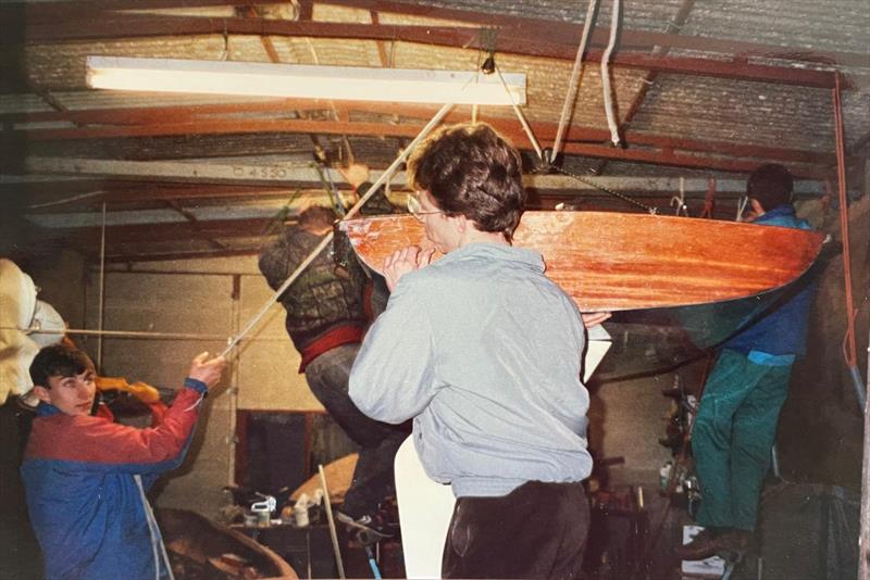 Flying Fifteen being lifted into Ansell's garage roof for repair - photo © Tiggy Ansell