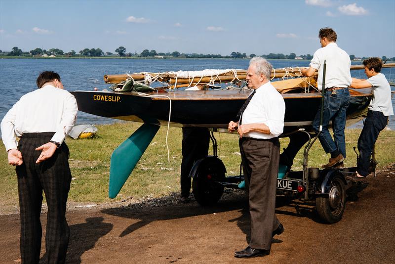 Uffa Fox prepares to launch Coweslip and sail it in the celebratory sail-past during Grafham Water SC's opening in 1966 - photo © GWSC