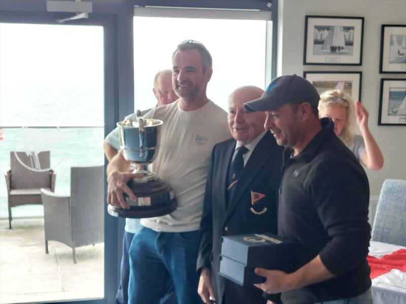 Niall O'Brien (l) and Dermot O'Flaherty (r) flank Terry Windsor as they receive the Flying Fifteen Championship of Ireland Trophy. Terry, who recently celebrated his 90th Birthday, is a former Flying Fifteen sailor and a stalwart of Carrickfergus SC - photo © Cormac Bradley