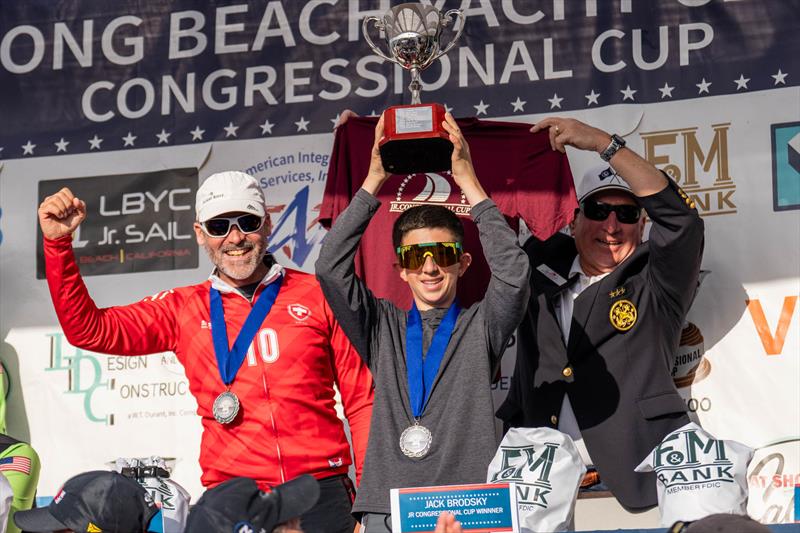 Winner of the Junior Congressional Cup Jack Brodsky with Eric Monnin and LBYC Commodore Bob Piercy on day 3 of the 61st Congressional Cup at Long Beach Yacht Club - photo © Ian Roman / WMRT