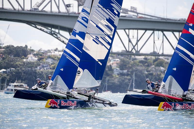 Young Sailors perform during Red Bull Foiling Generation on the Waitemata Harbour in Auckland, New Zealand on February 22, photo copyright Graeme Murray taken at Royal New Zealand Yacht Squadron and featuring the Flying Phantom class