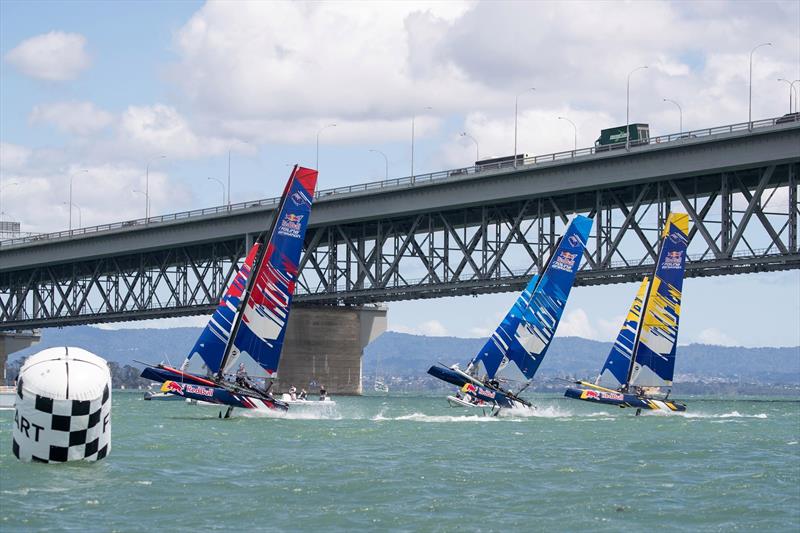 Young Sailors perform during Red Bull Foiling Generation on the Waitemata Harbour in Auckland, New Zealand on February 22, photo copyright Graeme Murray taken at Royal New Zealand Yacht Squadron and featuring the Flying Phantom class