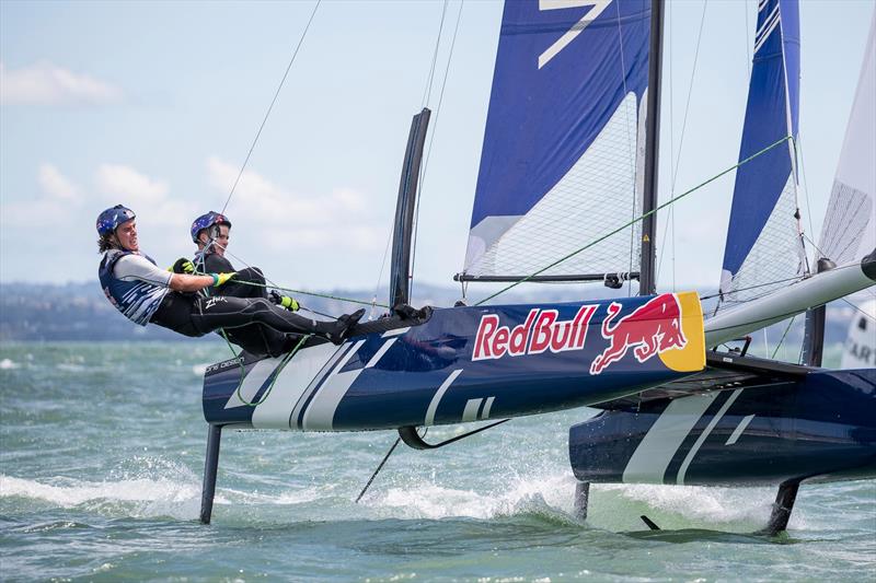 Young Sailors perform during Red Bull Foiling Generation on the Waitemata Harbour in Auckland, New Zealand on February 22, photo copyright Graeme Murray taken at Royal New Zealand Yacht Squadron and featuring the Flying Phantom class