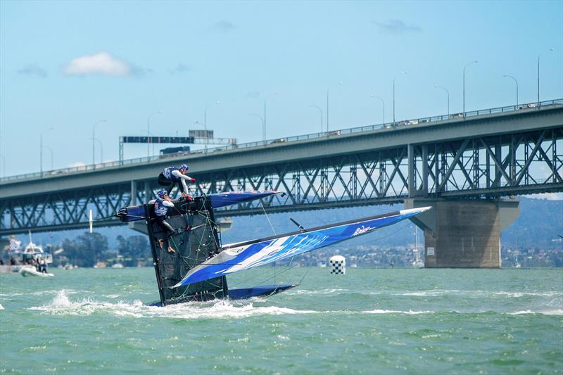 Young Sailors perform during Red Bull Foiling Generation on the Waitemata Harbour in Auckland, New Zealand on February 22, photo copyright Graeme Murray taken at Royal New Zealand Yacht Squadron and featuring the Flying Phantom class