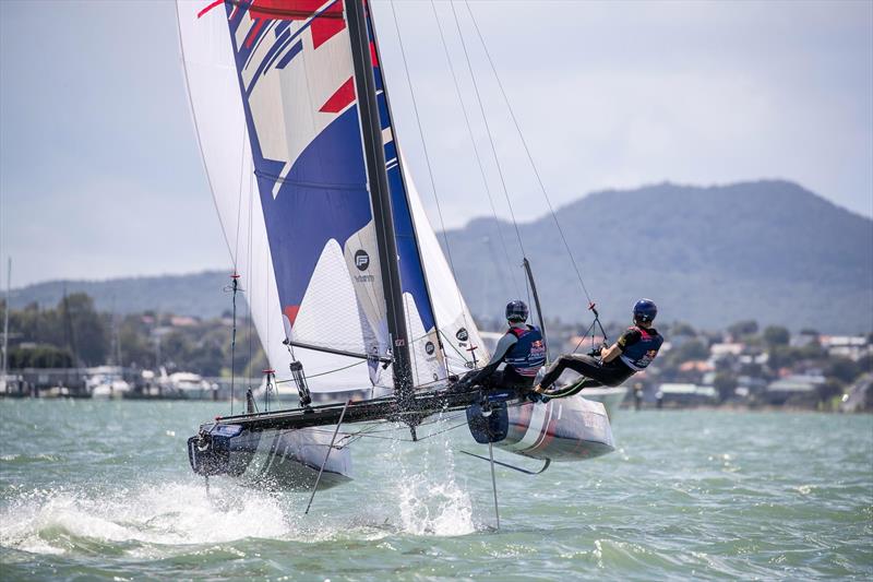 Young Sailors perform during Red Bull Foiling Generation on the Waitemata Harbour in Auckland, New Zealand on February 22, photo copyright Graeme Murray taken at Royal New Zealand Yacht Squadron and featuring the Flying Phantom class