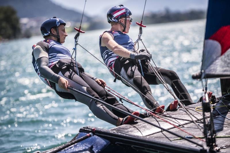 Participants race during the national qualifier of the Red Bull Foiling Generation in Maurach, Lake Achensee, Austria photo copyright Sebastian Marko / Red Bull Content Pool taken at  and featuring the Flying Phantom class