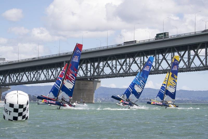 Competitors perform during the qualification at Red Bull Foiling Generation on the Waitemata Harbour in Auckland, New Zealand photo copyright Graeme Murray / Red Bull Content Pool taken at  and featuring the Flying Phantom class