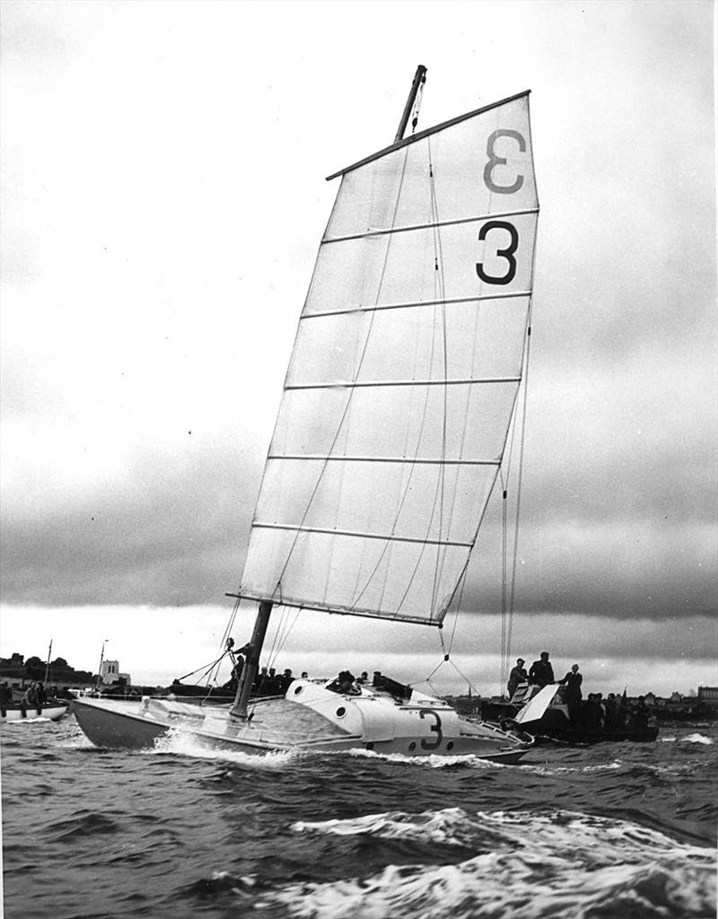Circa 1960; Blondie Haslar sailing his junk rigged Folkboat  Jester in the first OSTAR photo copyright Eileen Ramsay / PPL taken at  and featuring the Folkboat class