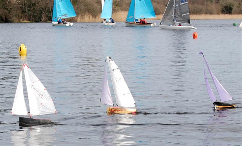 Peter Jackson 30 leading Peter Shepherd 65 & Oliver Stollery 63 during the 2022 Footy Nationals & Videlo Globe at Frensham photo copyright Roger Stollery taken at Frensham Pond Sailing Club and featuring the Footy class