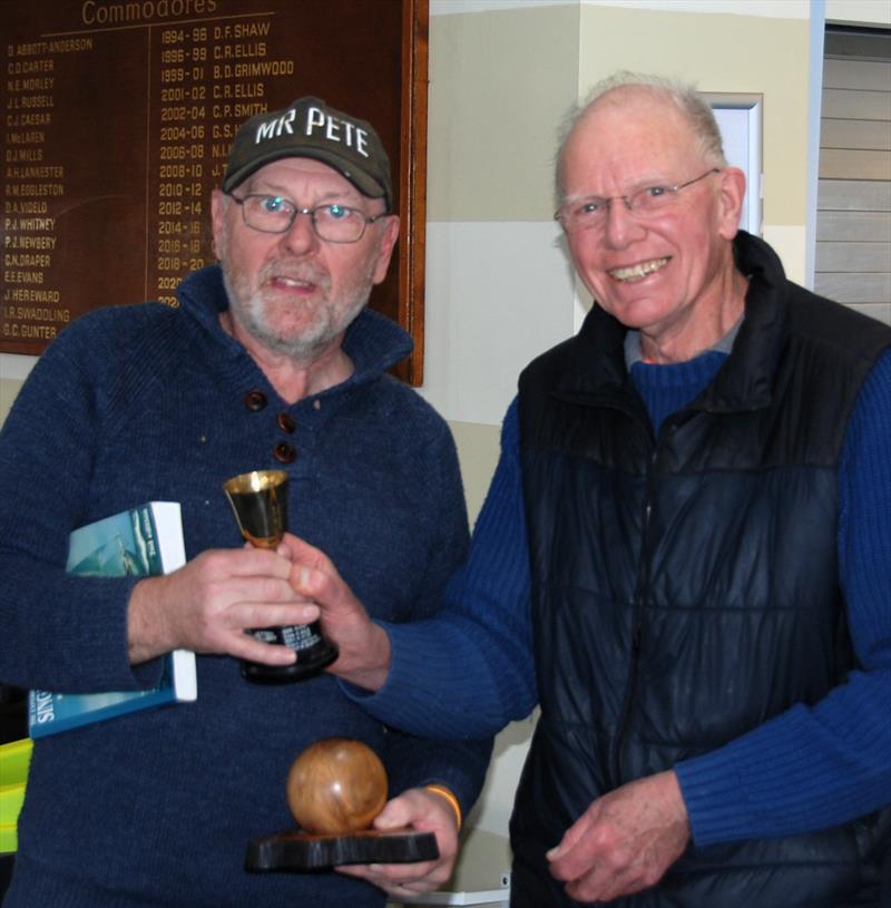 Roger Stollery presenting Champion Peter Shepherd with Stella Rock & Videlo Globe trophies during the 2022 Footy Nationals & Videlo Globe at Frensham photo copyright Roger Stollery taken at Frensham Pond Sailing Club and featuring the Footy class