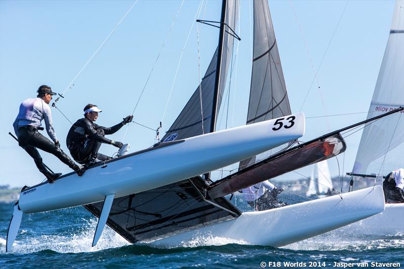 Day 2 of the F18 Worlds in Bangor photo copyright Jasper van Staveren / www.sailshoot.com taken at Ballyholme Yacht Club and featuring the Formula 18 class