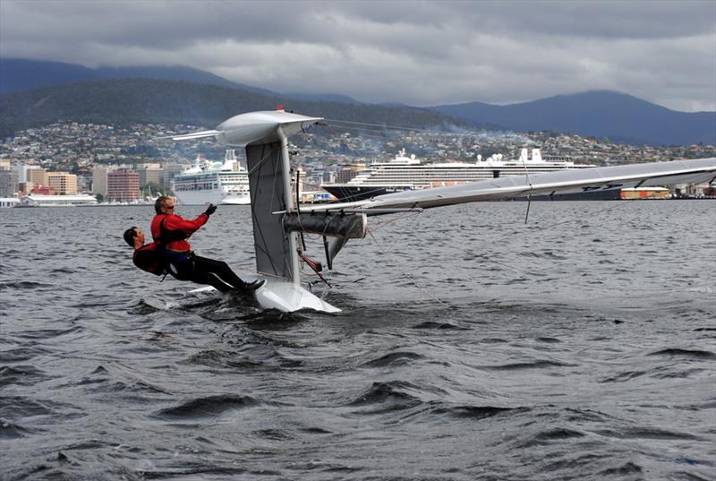 The Crew of Wicked get the big cat back on an even keel on the final day of the Crown Series Bellerive Regatta photo copyright Peter Campbell taken at Bellerive Yacht Club and featuring the Formula 18 class