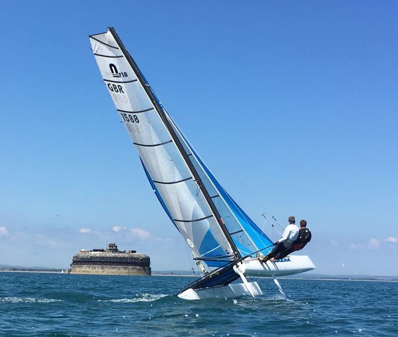 Nathaniel Ward & Caleb Cooper during the Solent Forts Race 2017 photo copyright Matt Welsh taken at Hayling Ferry Sailing Club and featuring the Formula 18 class