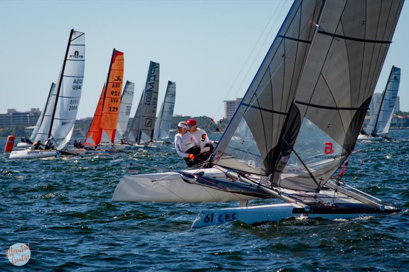 Jan Jensen & Penny Wyon on day 2 of the F18 Worlds at Sarasota photo copyright Ellinor Walters taken at Sarasota Sailing Squadron and featuring the Formula 18 class