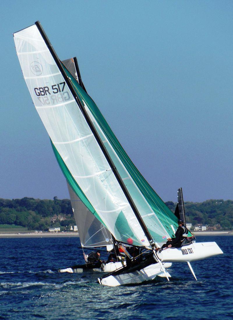 Royal Channel Islands YC Spring Regatta class 5 - Andy Hart and Michael Kinross flying a hull photo copyright Bill Harris taken at Royal Channel Islands Yacht Club and featuring the Formula 18 class