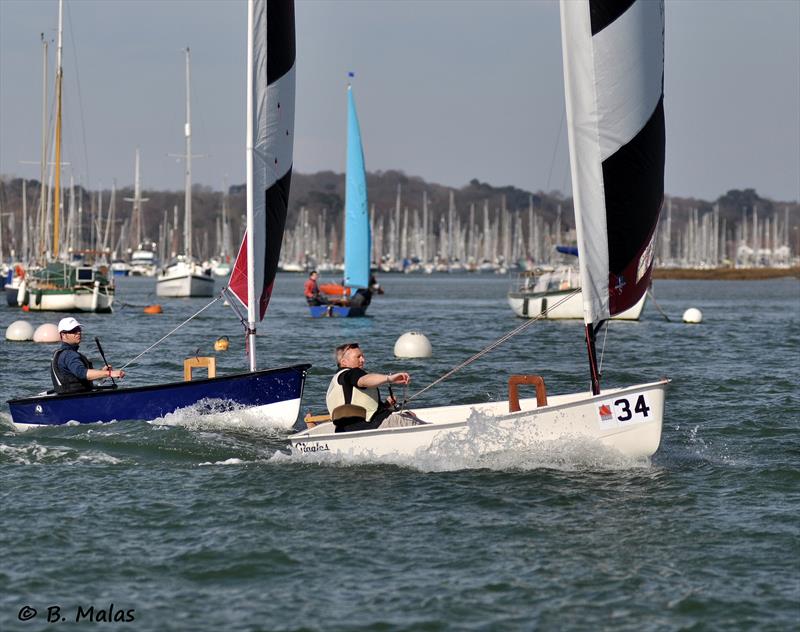Foxers racing on Saturday afternoon, Ian Southworth leads Peter Cook, during the Hamble Warming Pan 2014 photo copyright Bertrand Malas taken at Hamble River Sailing Club and featuring the Foxer class