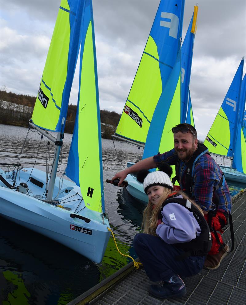 Ripon Sailing ClubCommodore Jamie Kerslake with daughter Gracie, launchs the new fleet photo copyright Ripon SC taken at Ripon Sailing Club and featuring the Fusion class