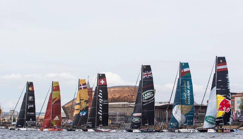 The seven boat fleet line up at the start on Extreme Sailing Series™ Act 3 day 1 photo copyright Lloyd Images taken at  and featuring the GC32 class