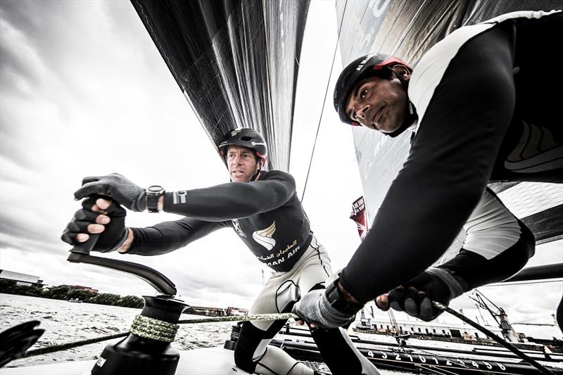 On board Oman Air with Pete Greenhalgh and Nasser Al Mashari during Extreme Sailing Series™ Act 4, Hamburg photo copyright Mark Lloyd / www.lloydimages.com taken at  and featuring the GC32 class