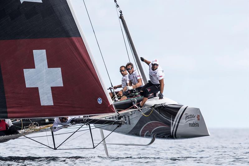 Alinghi applied the pressure on Act leaders Red Bull Sailing Team on day 2 of Extreme Sailing Series™ Act 6, Madeira Islands - photo © Lloyd Images
