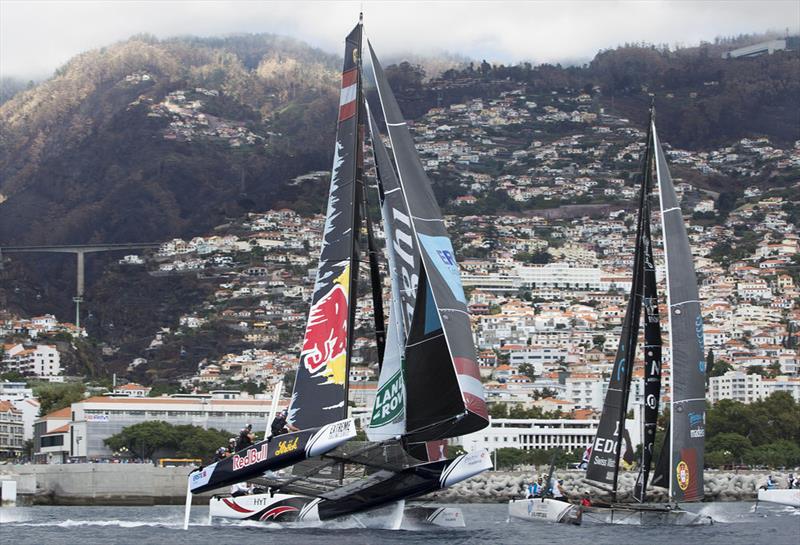 Red Bull Sailing Team scream across the start line on day 3 of Extreme Sailing Series™ Act 6, Madeira Islands photo copyright Lloyd Images taken at  and featuring the GC32 class