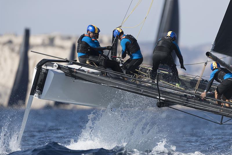 Zoulou has a stand-in helm on the Marseille One Design Practice Day photo copyright Gilles Martin-Raget / GC32 Racing Tour taken at  and featuring the GC32 class