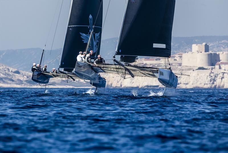 Jason Carroll's Argo leads Naofumi Kamei 's Mamma Aiuto! on day 1 of Marseille One Design - photo © Jesus Renedo / GC32 Racing Tour