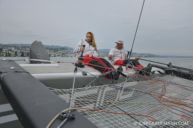 MARWIN Sailing Team takes line honours in the Zurich to Rapperswil race after being christened by former Miss Switzerland Jenny Ann Gerber photo copyright Juerg Kaufmann / www.juergkjaufmann;.com taken at Zürcher Segel Club and featuring the GC32 class