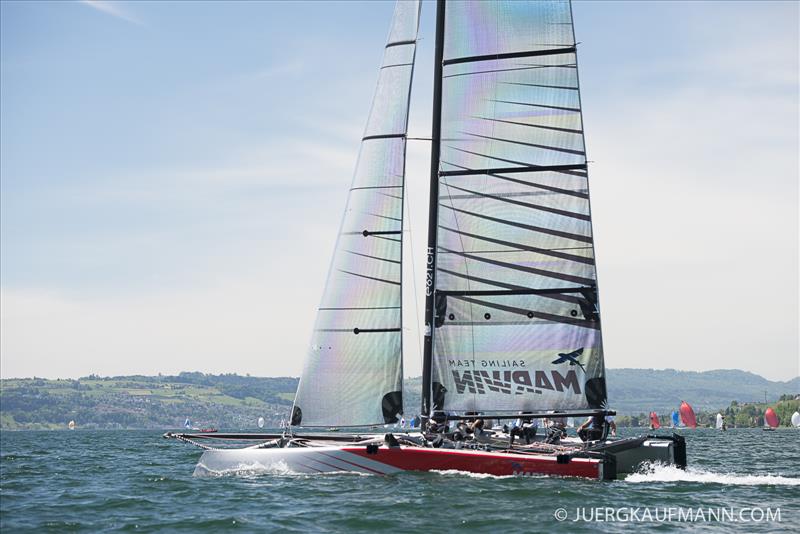 MARWIN Sailing Team takes line honours in the Zurich to Rapperswil race after being christened by former Miss Switzerland Jenny Ann Gerber photo copyright Juerg Kaufmann / www.juergkjaufmann;.com taken at Zürcher Segel Club and featuring the GC32 class