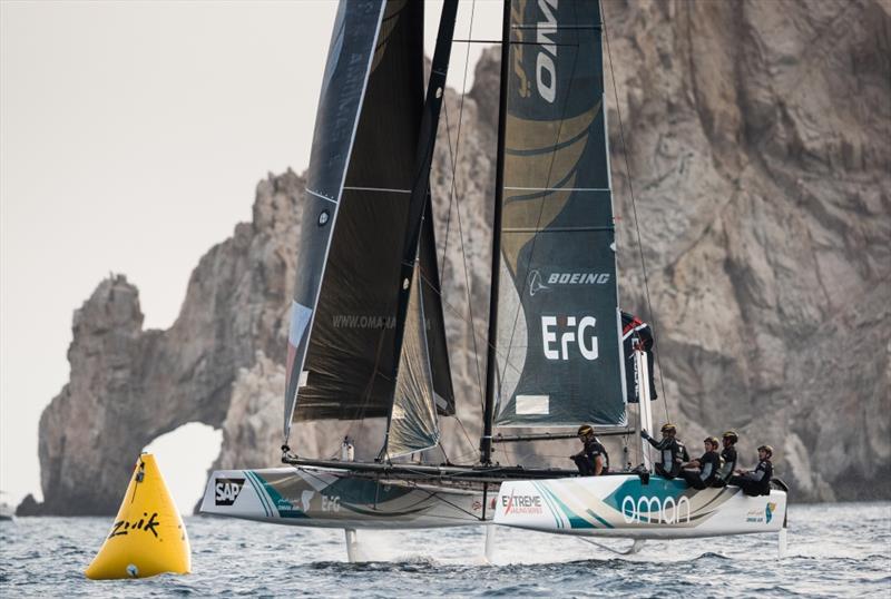 The Extreme Sailing Series 2017. Act 8. Los Cabos Mexico, Cabo San Lucas Resort. The 'Oman Air' race team shown in action close to the shore, skippered by Phill Robertson (NZL) with team mates Pete Greenhalgh (GBR), Ed Smyth (NZL/AUS), James Wierzbowski photo copyright Lloyd Images taken at  and featuring the GC32 class