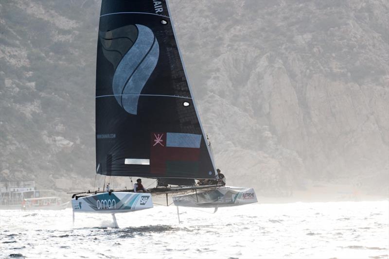 The Extreme Sailing Series 2017. Act 8. 'Oman Air' race team shown in action close to the shore, skippered by Phil Robertson (NZL) with team mates Pete Greenhalgh (GBR), Ed Smyth (NZL/AUS), James Wierzbowski (AUS) and Nasser Al Mashari (OMA) photo copyright Lloyd Images taken at  and featuring the GC32 class