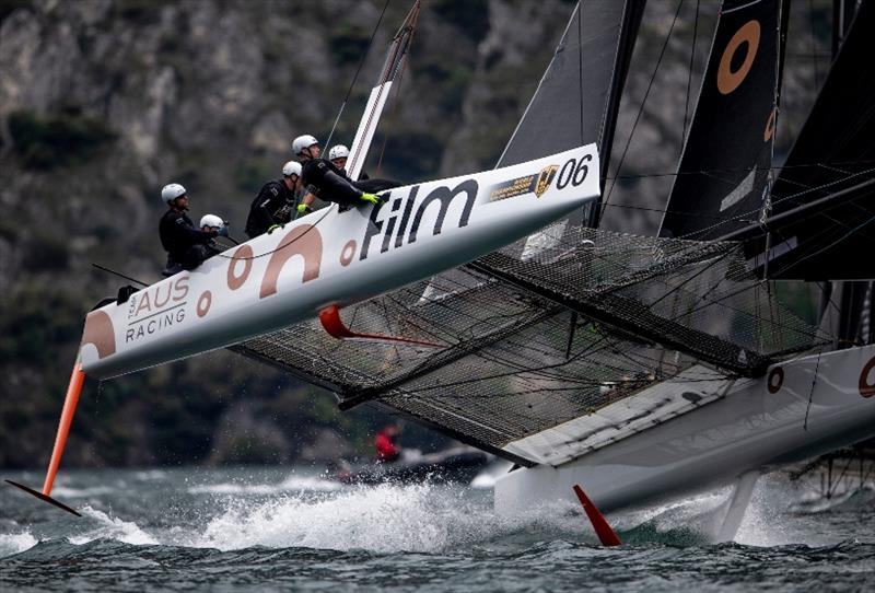 Flying high on Simon Delzoppo's .film Racing photo copyright Pedro Martinez / GC32 World Championship taken at Fraglia Vela Riva and featuring the GC32 class