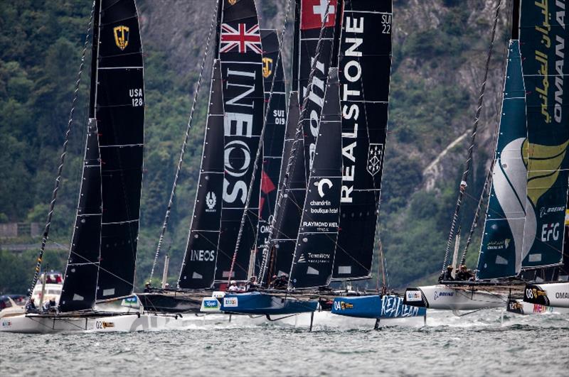 Chocks away! Up to flying speed during today's training races - photo © Pedro Martinez / GC32 World Championship