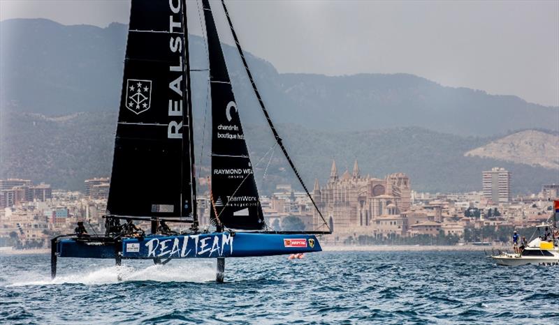 The Jerôme Clerc-skippered Realteam, practicing off downtown Palma photo copyright Jesus Renedo / GC32 Racing Tour taken at Real Club Náutico de Palma and featuring the GC32 class