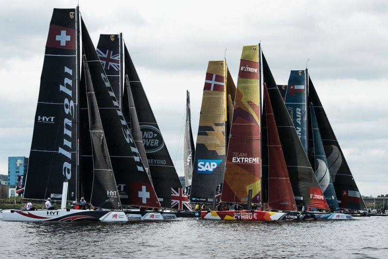 The international fleet of GC32s in action in tight racing meters from fans on the shore line - Extreme Sailing Series - Act 6 - Cardiff photo copyright Vincent Curutchet / Lloyd Images taken at  and featuring the GC32 class