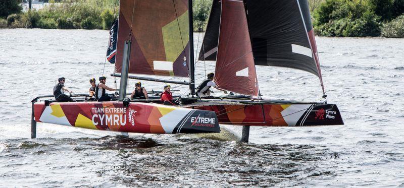 Team Extreme Wales in flight on their home waters in Cardiff Harbour in Extreme Sailing Series 2017 photo copyright Jodie Bawden taken at  and featuring the GC32 class