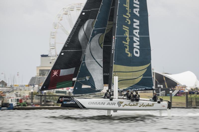 Extreme Sailing Series™ Cardiff 2018 - The 'Oman Air' race team shown in action close to the shore photo copyright Vincent Curutchet / Lloyd Images taken at  and featuring the GC32 class