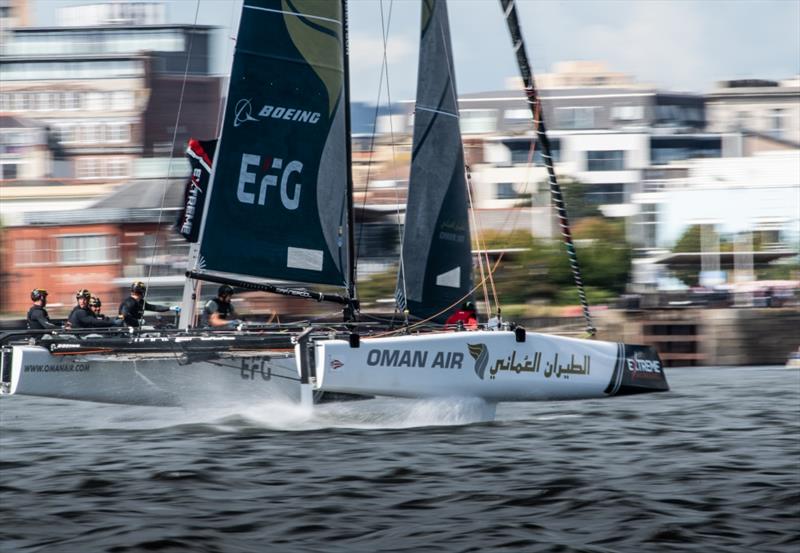 Extreme Sailing Series™ Cardiff 2018 - The 'Oman Air' race team shown in action close to the shore photo copyright Vincent Curutchet / Lloyd Images taken at  and featuring the GC32 class