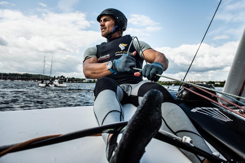 Extreme Sailing Series™ Cardiff 2018 - The 'Oman Air' race team shown in action close to the shore, skippered by Phill Robertson (NZL) photo copyright Vincent Curutchet / Lloyd Images taken at  and featuring the GC32 class